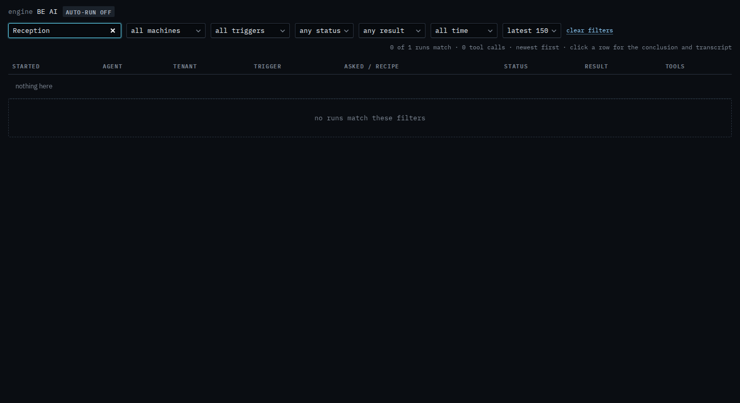 BE AI runs search for Reception on a sub-company login, with no matching investigations