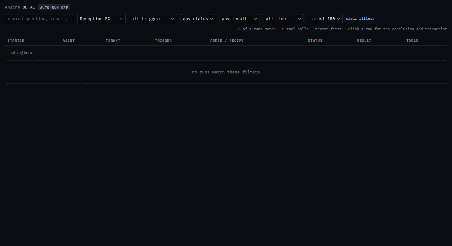 BE AI runs for a sub-company user filtered to Reception PC, with no matching investigations