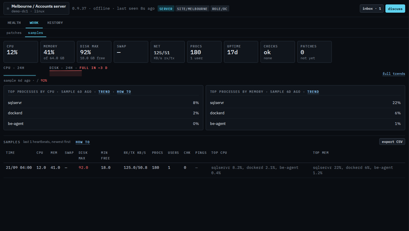 Samples table for a sub-company user with one heartbeat on Accounts server