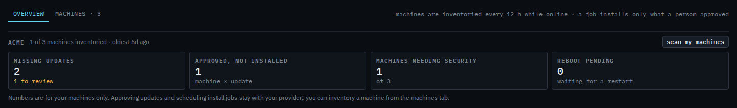 Patches overview headed Acme with scan my machines not yet pressed