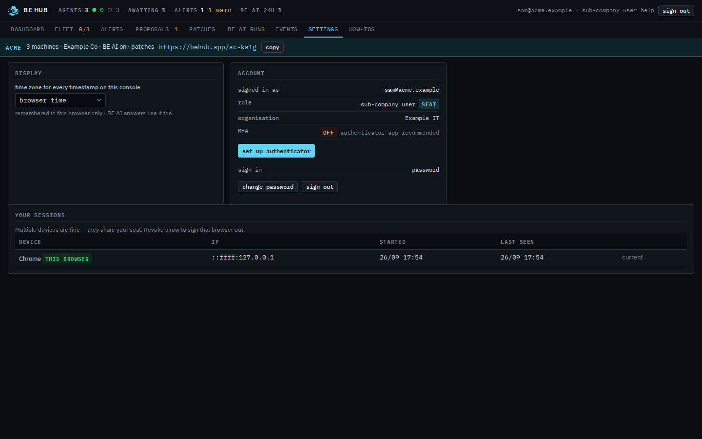 Settings for a sub-company user showing timezone, account, and this browser's session