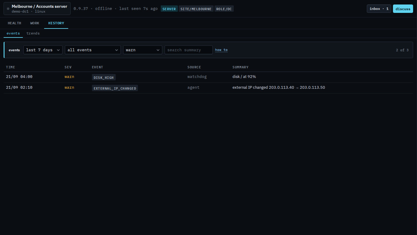 History events for a sub-company user filtered to warn, with the disk line and the address change