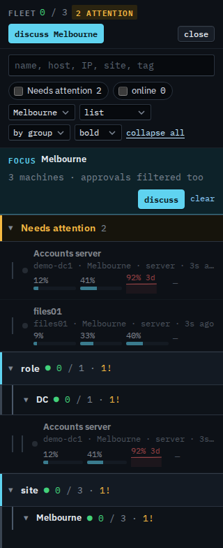 Fleet list for a sub-company user focused on site Melbourne, with a clear link