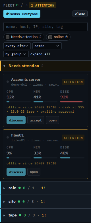 Fleet cards for a sub-company user, with Accounts server and files01 marked as needing attention
