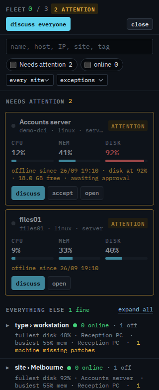 Fleet exceptions view for a sub-company user, with attention cards and a fine group line