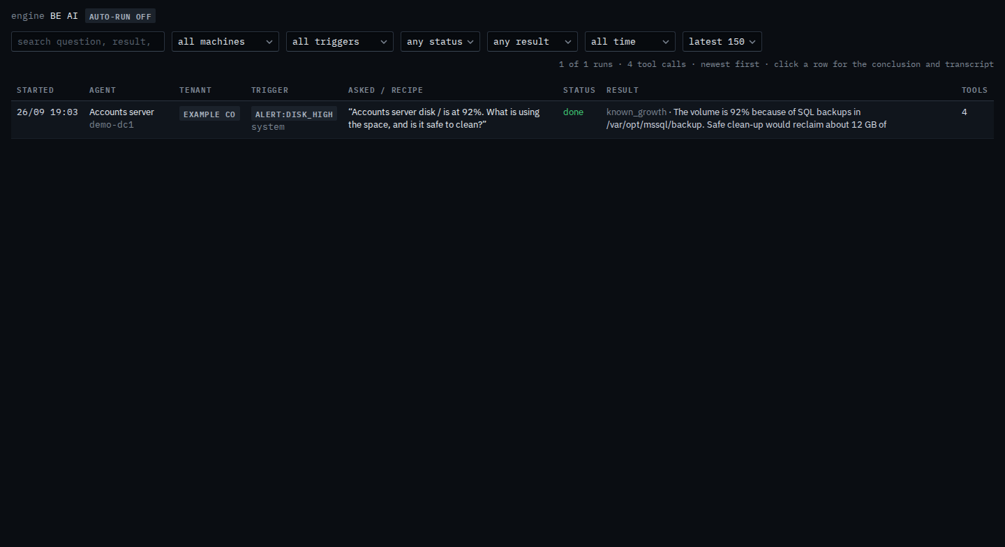 BE AI runs for a sub-company user with the period set to all time