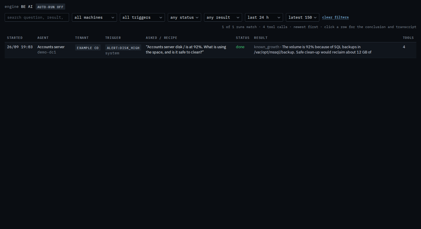 BE AI runs for a sub-company user filtered to the last 24 hours, with no matching investigations